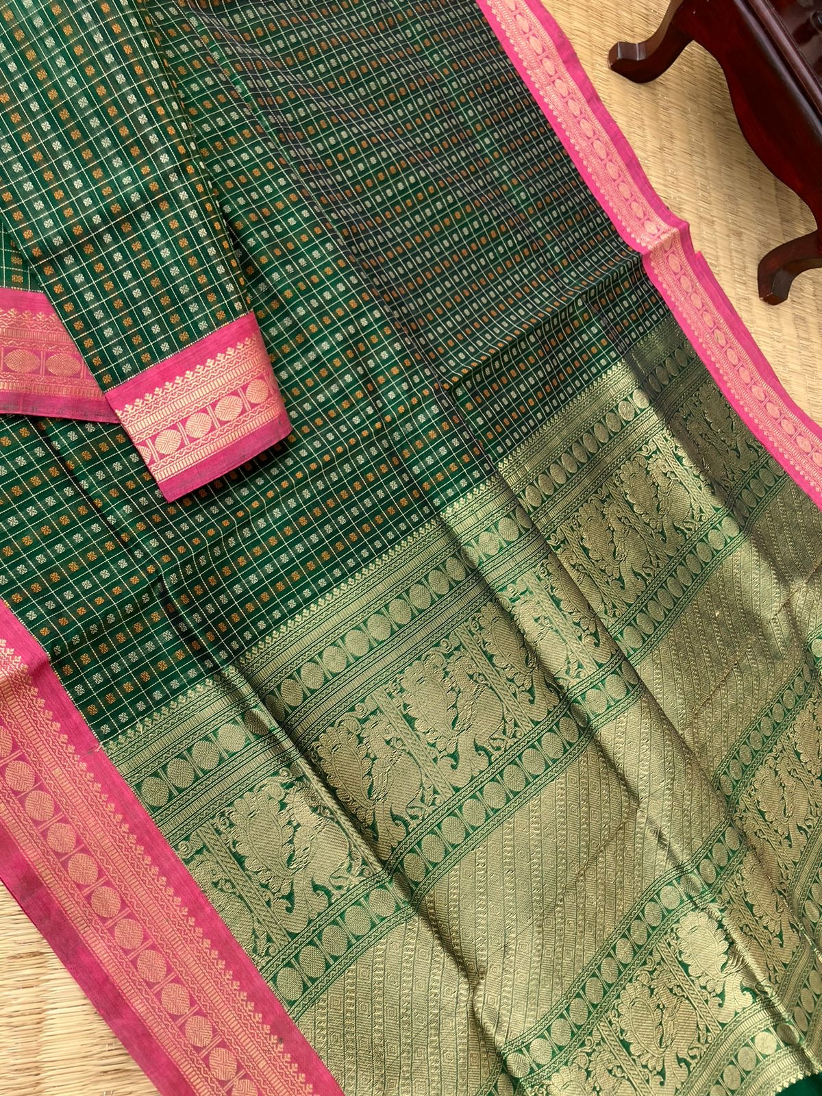 Traditional Colours Woven Motifs Silk Cotton - green Thuthripoo lakshadeepam