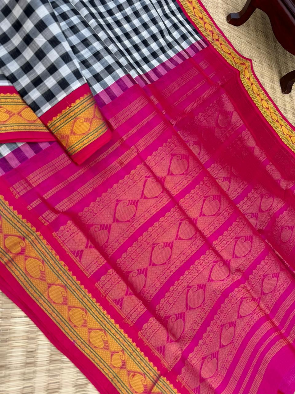 Korvai Silk Cottons - black and white chex with pink pallu and blouse