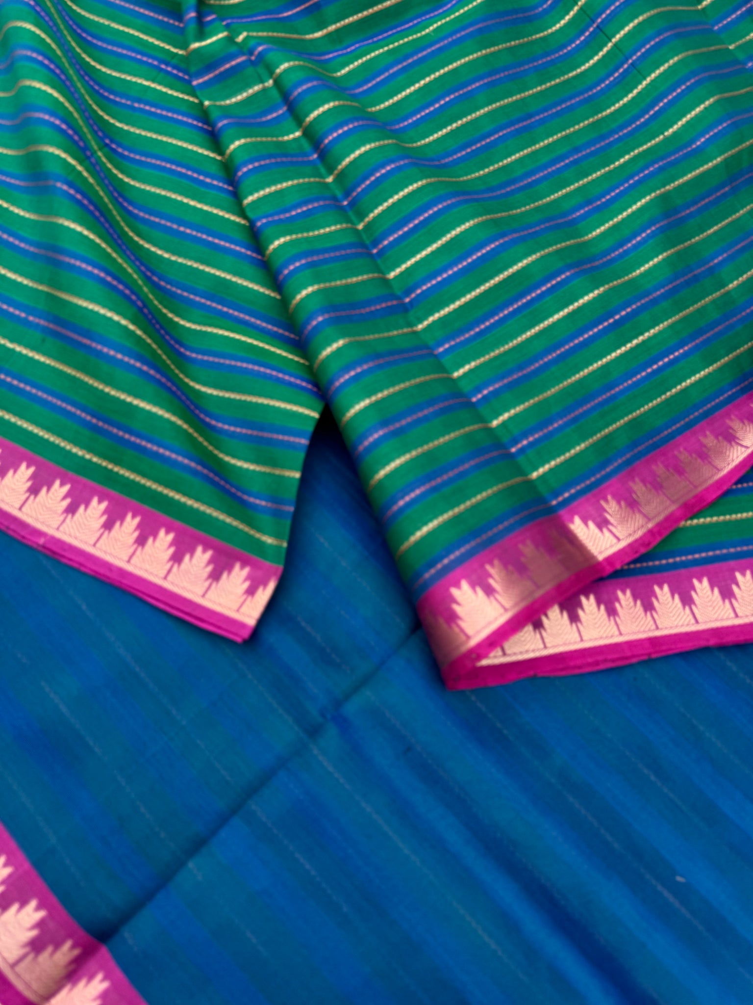Woven Motifs Silk Cotton - more of green and peacock blue muthu veldhari with small one inch thalampoo woven borders