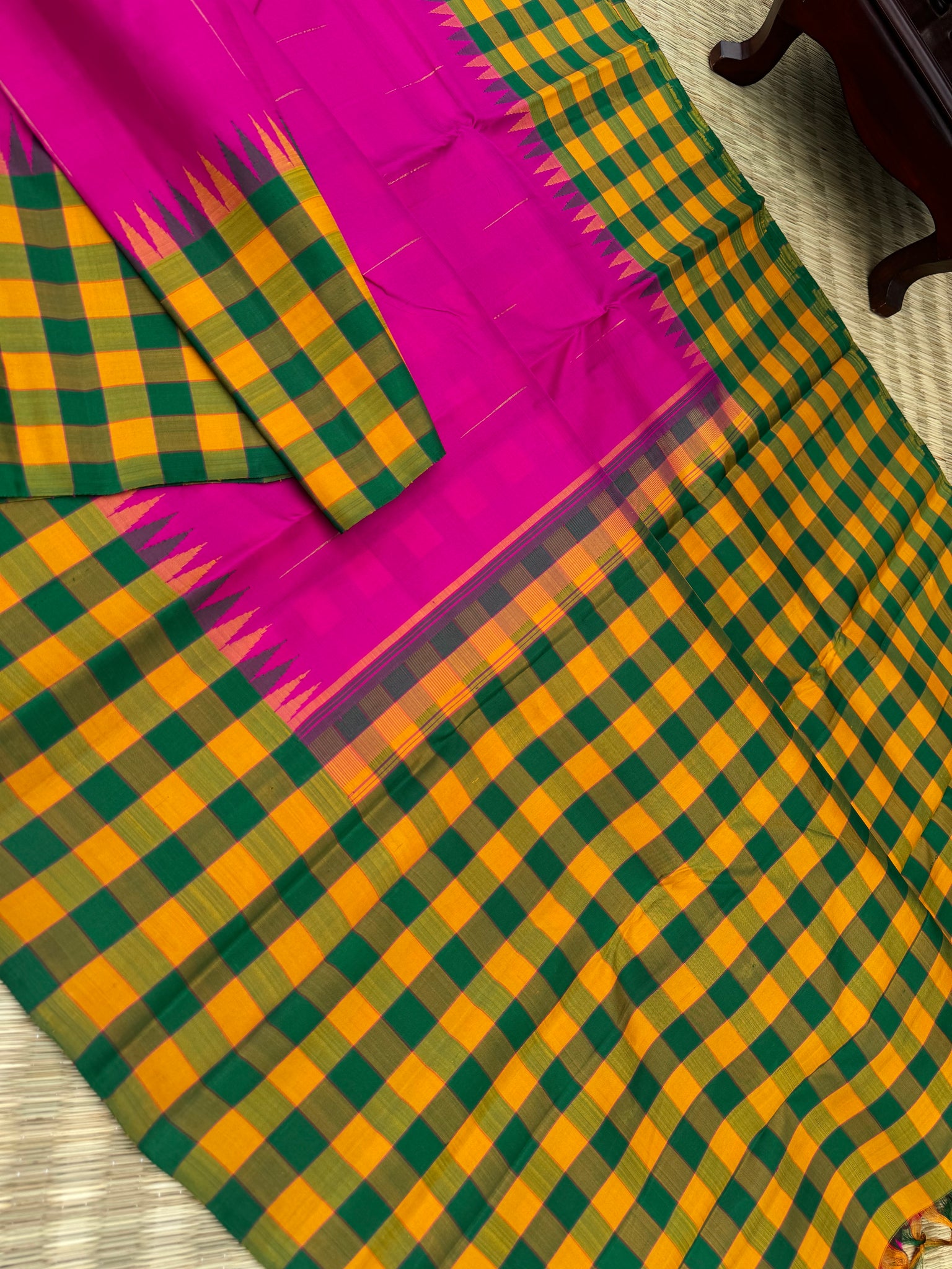 Diwali Edits - Soulful Kanchivaram - stunning deep pink rain drops woven body with mustard and green kattam woven borders pallu and blouse