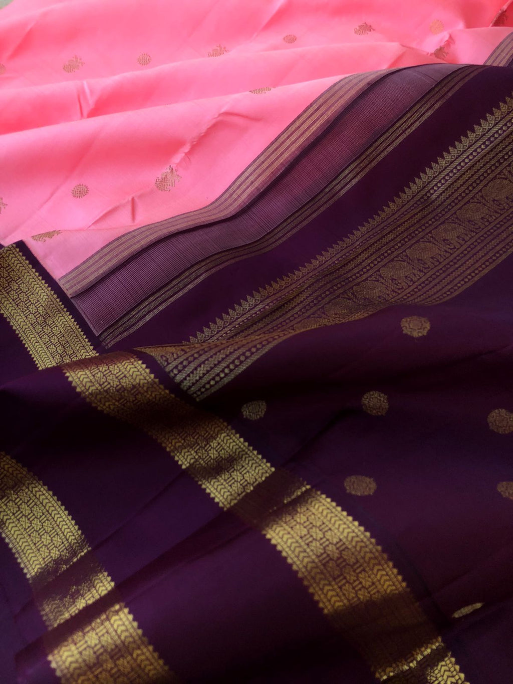 Meenakshi Kalayanam - Authentic Korvai Kanchivarams - unusual baby pink and beetle nut purple with retta pett woven borders