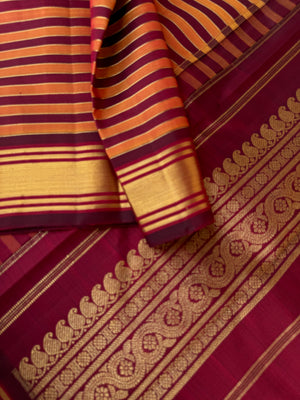 Vintage Ragas on Korvai Kanchivaram - burnt orange and aaraku strips woven body with vintage pallu