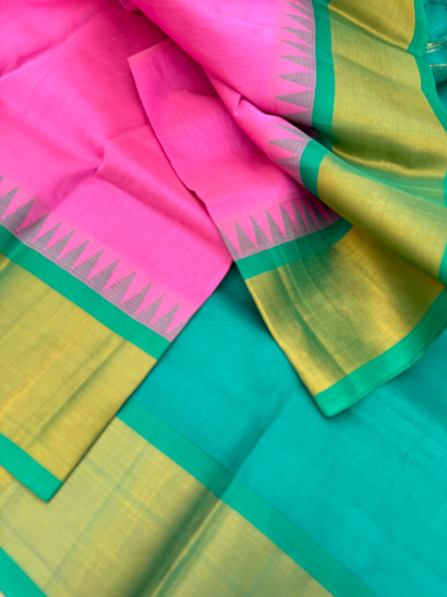 Korvai Silk Cottons - candy pink and teal with tissue borders