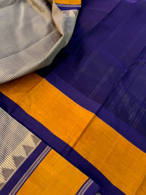 Signature Silk Cotton -English kasa kasa kattam with deep navy blue pallu and blouse