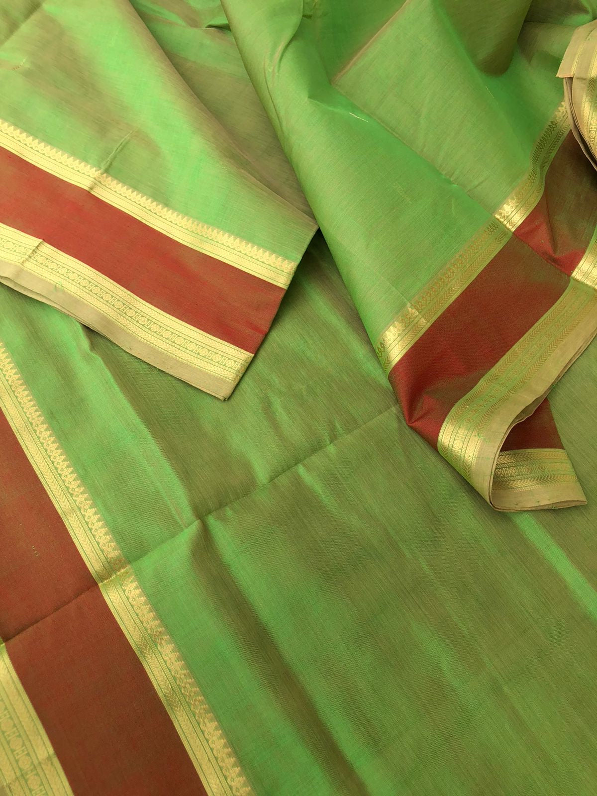 Zari Kissed Silk Cottons - unusual beige mixed green with yali woven corner buttas