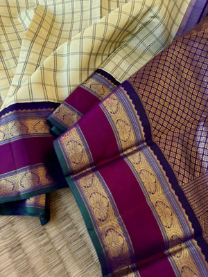 Vintage Ragas on Korvai Kanchivaram - the venn pattu tone ( natural colour of silk tone ) muthu kattam with retta pett korvai woven borders