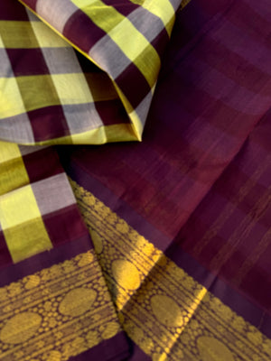 Korvai Silk Cotton - creamy yellow and burgundy chex