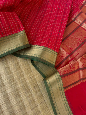 Woven Motifs Silk Cotton - red Lakshadeepam with green borders