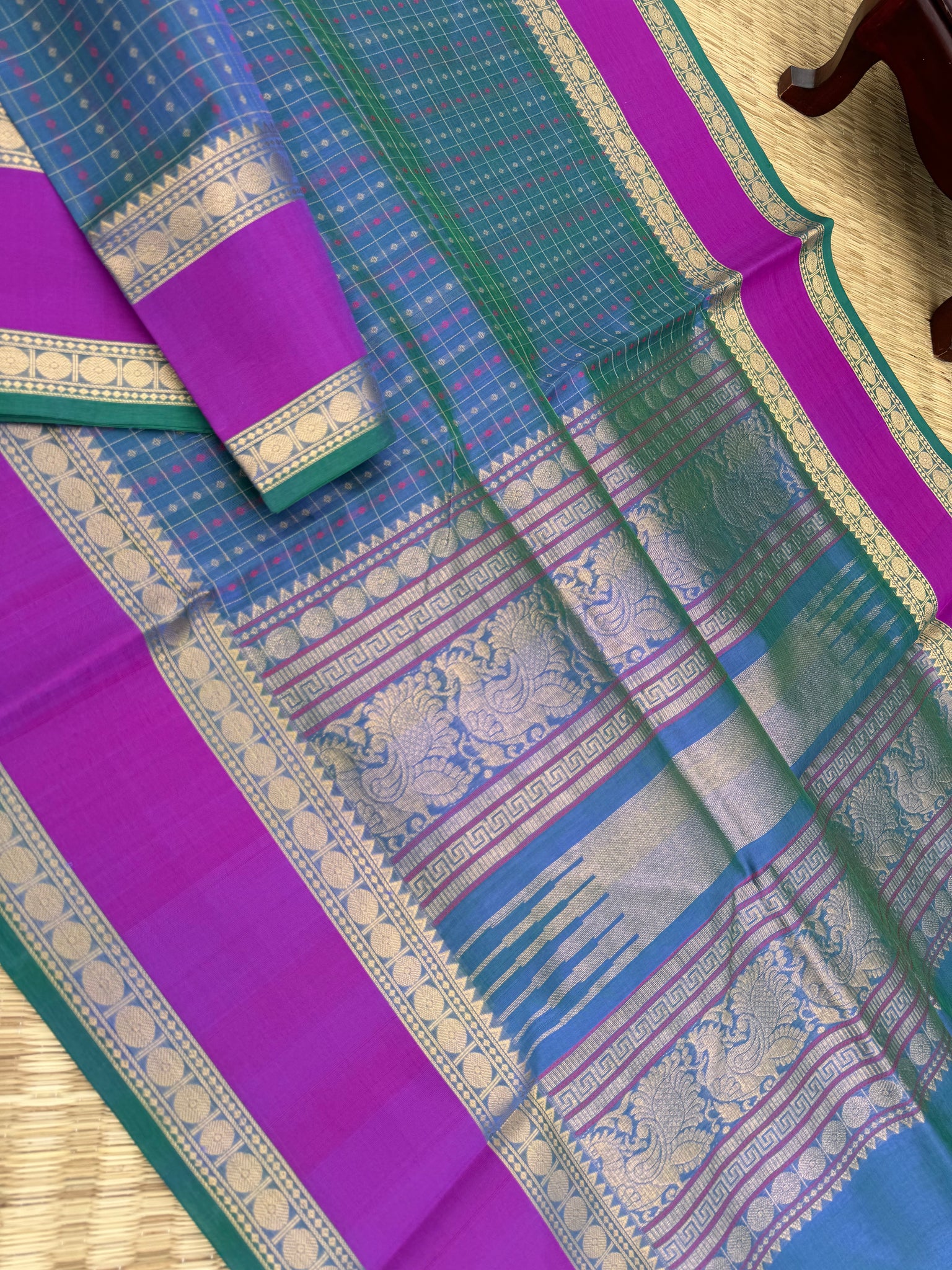 Woven Motifs Silk Cotton - a dual tone peacock blue green lakshadeepam