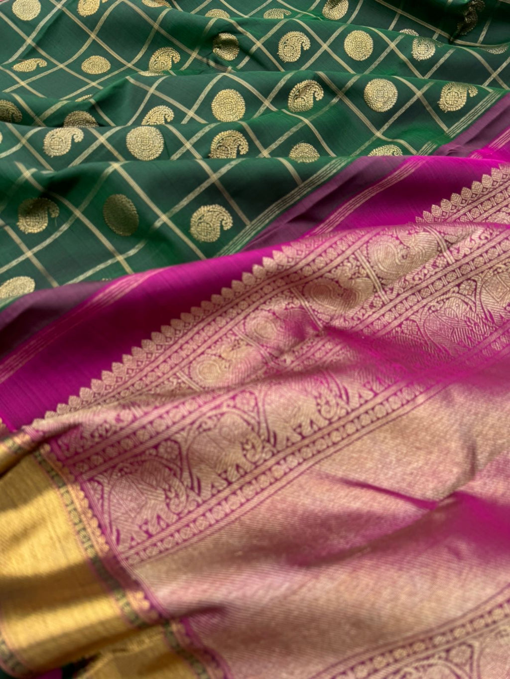 Kattam and Buttas on Kanchivaram - traditional meenakshi green and majentha with mayil chackaram buttas