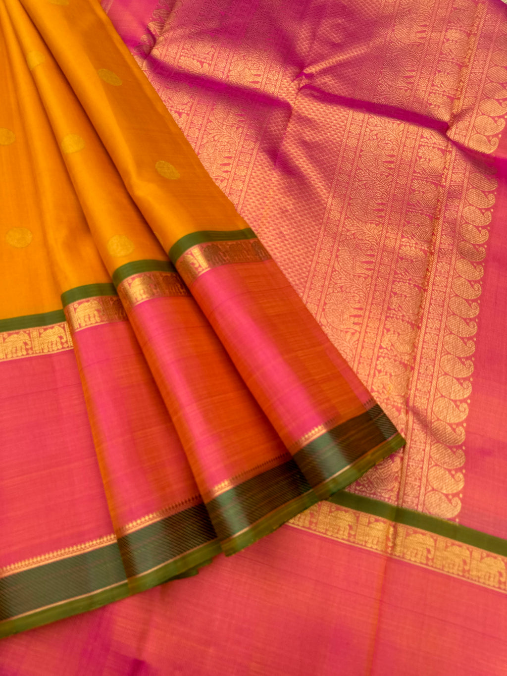 Diwali Edits - Kanchivaram For All Occasions - most beautiful mustard and peach with reatt pett woven borders