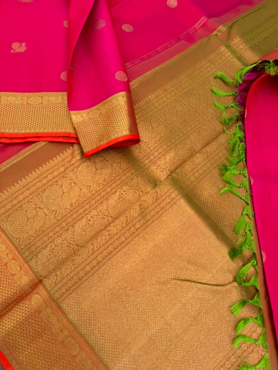 Kanchivaram Trunk - most beautiful pink and maanthulir green pallu and blouse with solid gold zari woven borders
