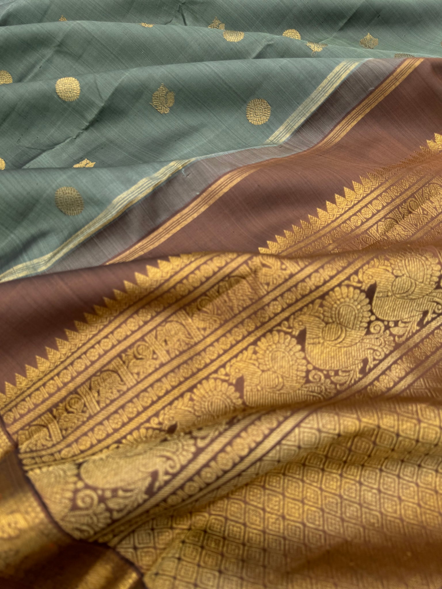 Leela - The bliss of small border Kanchivarams - unusual beige grey and a chocolate