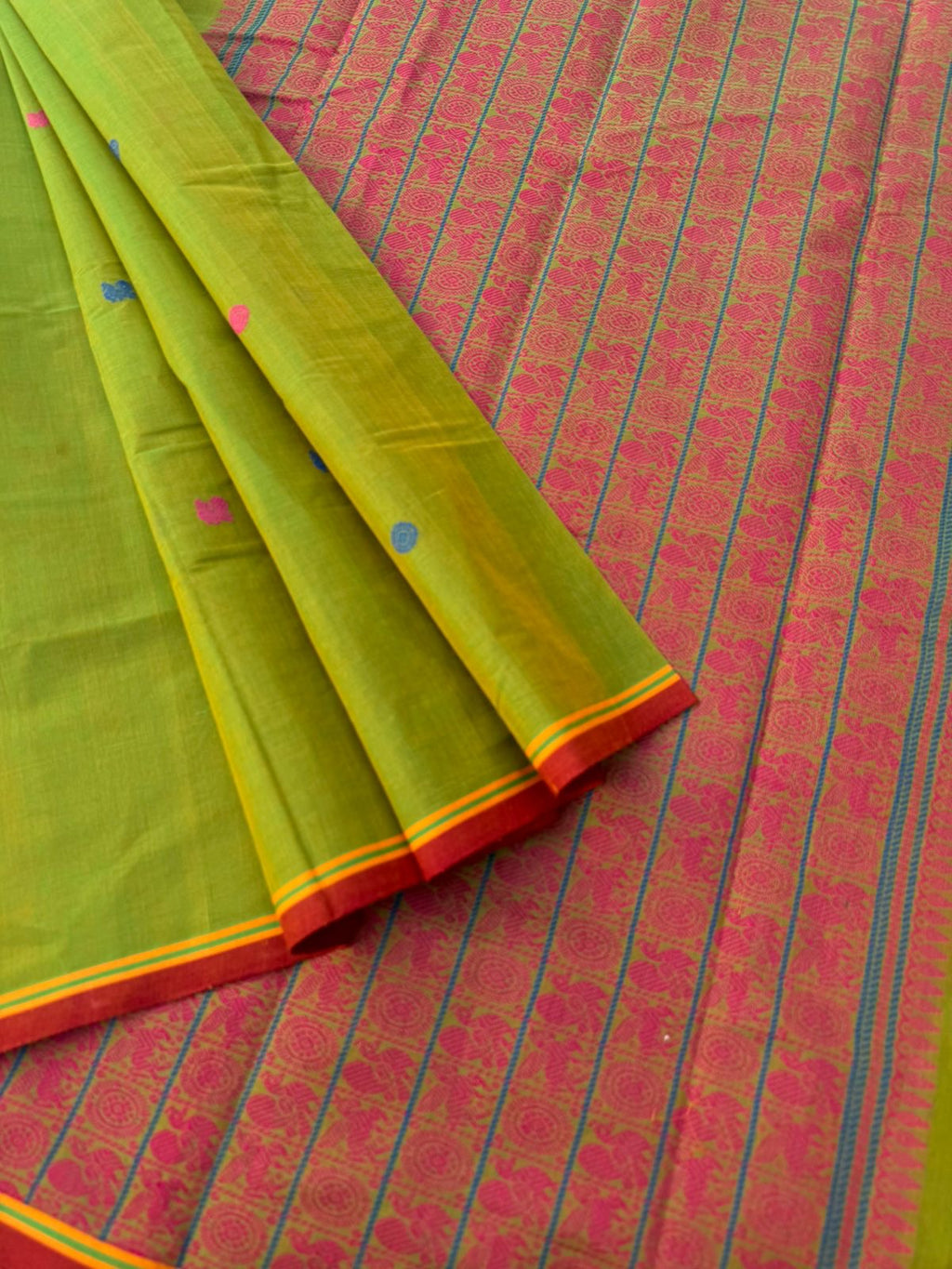 Mangalavastaram - stunning mustard mixed green with grand woven pallu