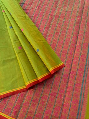 Mangalavastaram - stunning mustard mixed green with grand woven pallu