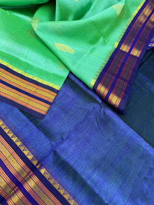 Korvai Silk Cotton - aqua and ink blue with body buttas