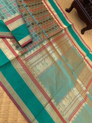 Woven Motifs Silk Cottons - stunning English tone 1000 buttas with kamadhenu woven pallu