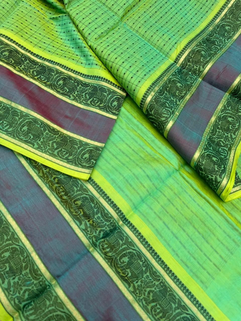 Woven Motifs Silk Cotton - pale fluorescent green lakshadeepam with broad borders