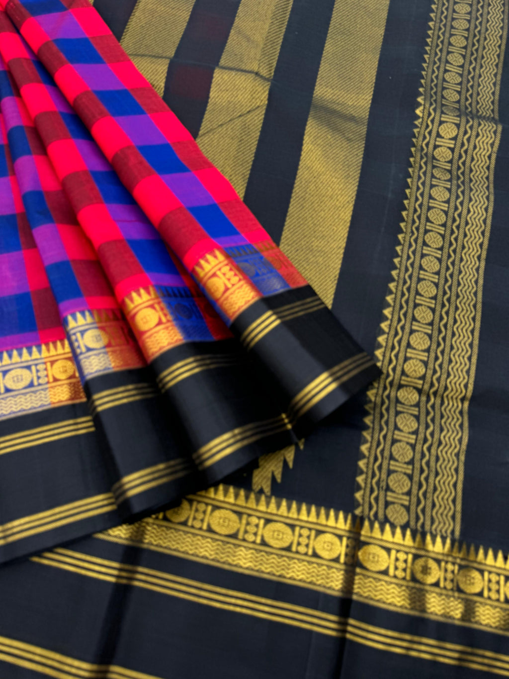 Korvai Silk Cottons -dark red and blue chex with black pallu and blouse