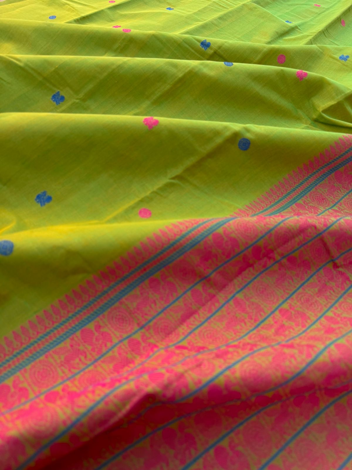 Mangalavastaram - stunning mustard mixed green with grand woven pallu