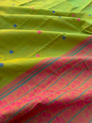 Mangalavastaram - stunning mustard mixed green with grand woven pallu