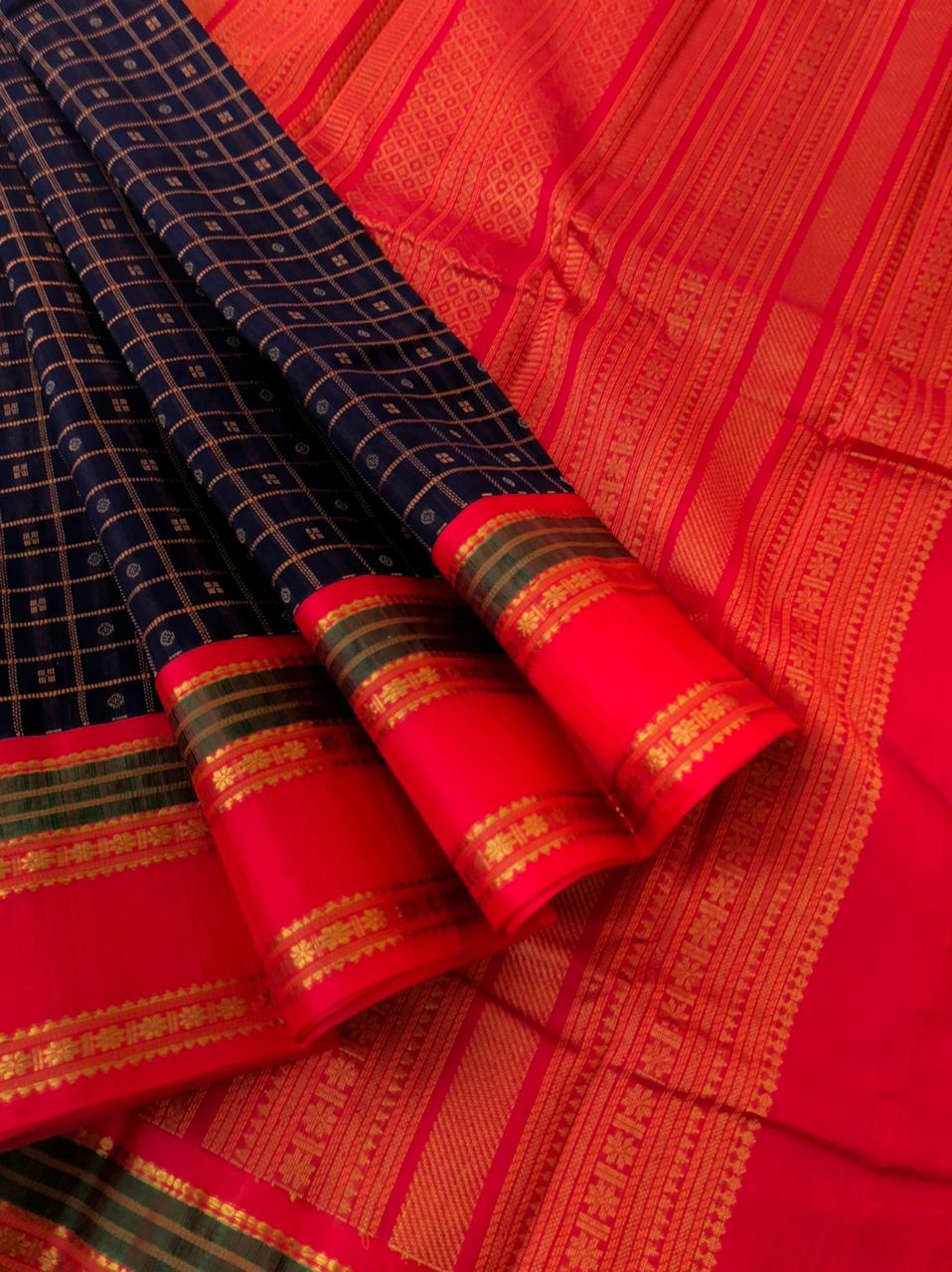 Divyam - Korvai Silk Cotton with Pure Silk Woven Borders -deep mid night navy blue laksham butta
