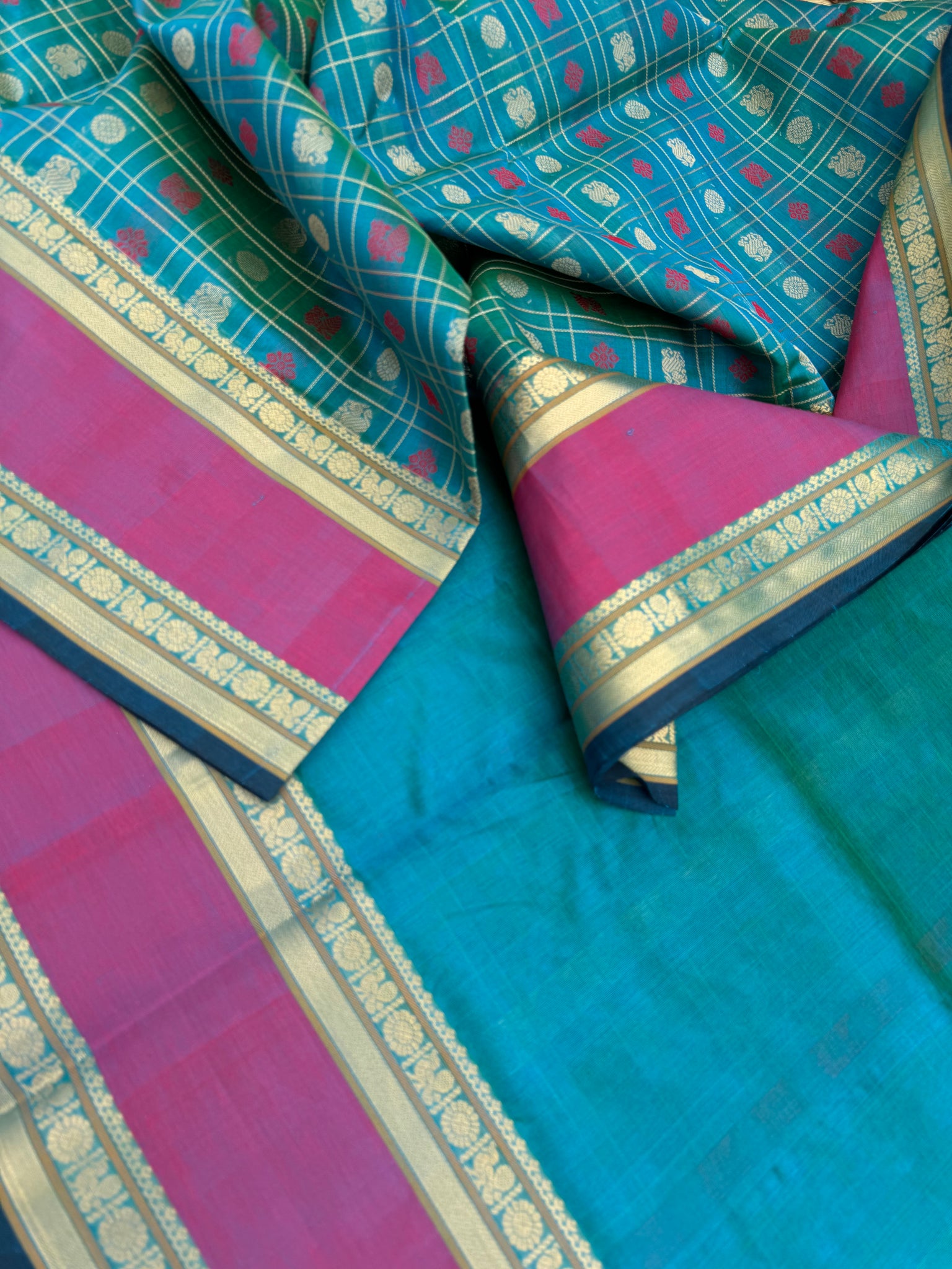 Woven Motifs Silk Cotton - a dual tone teal 1000 buttas