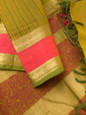 Woven Motifs Silk Cottons - stunning green Lakshadeepam