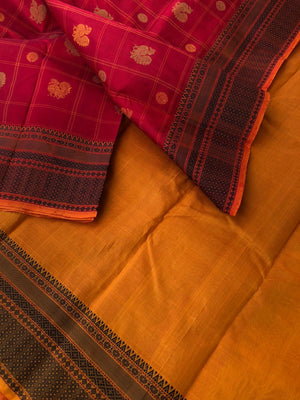 Woven Motifs Silk Cotton - deep red and mustard mayil chackaram
