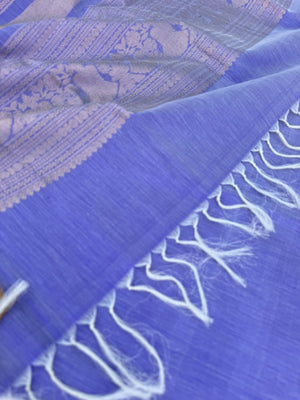 Pastels on Zari Kissed Silk Cotton - pastel sottu neelam tone of off white with ine inch tissue borders