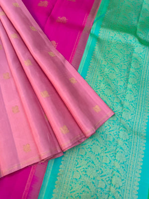 Uniquely Woven Kanchivarams - baby pink Mayil chackaram woven body with rain pink and aqua two colour woven long pallu