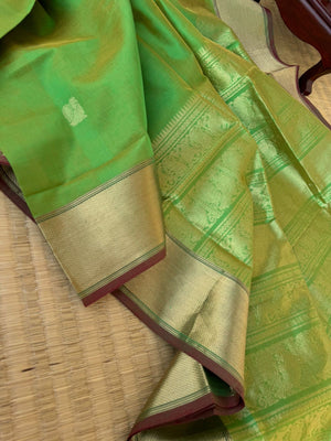 Zari Kissed Silk Cotton - mustard mixed with green with solid getti border with corner buttas woven pallu