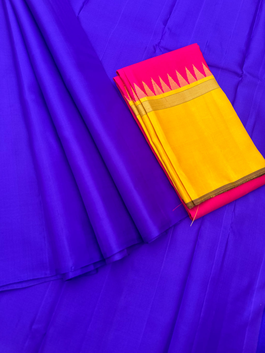 Niram - Celebrating of Full Plain Kanchivaram Silks Paired with Beautiful Blouses - stunning violet blue saree paired with rani pink and mustard Korvai Kanchivaram silk blouse
