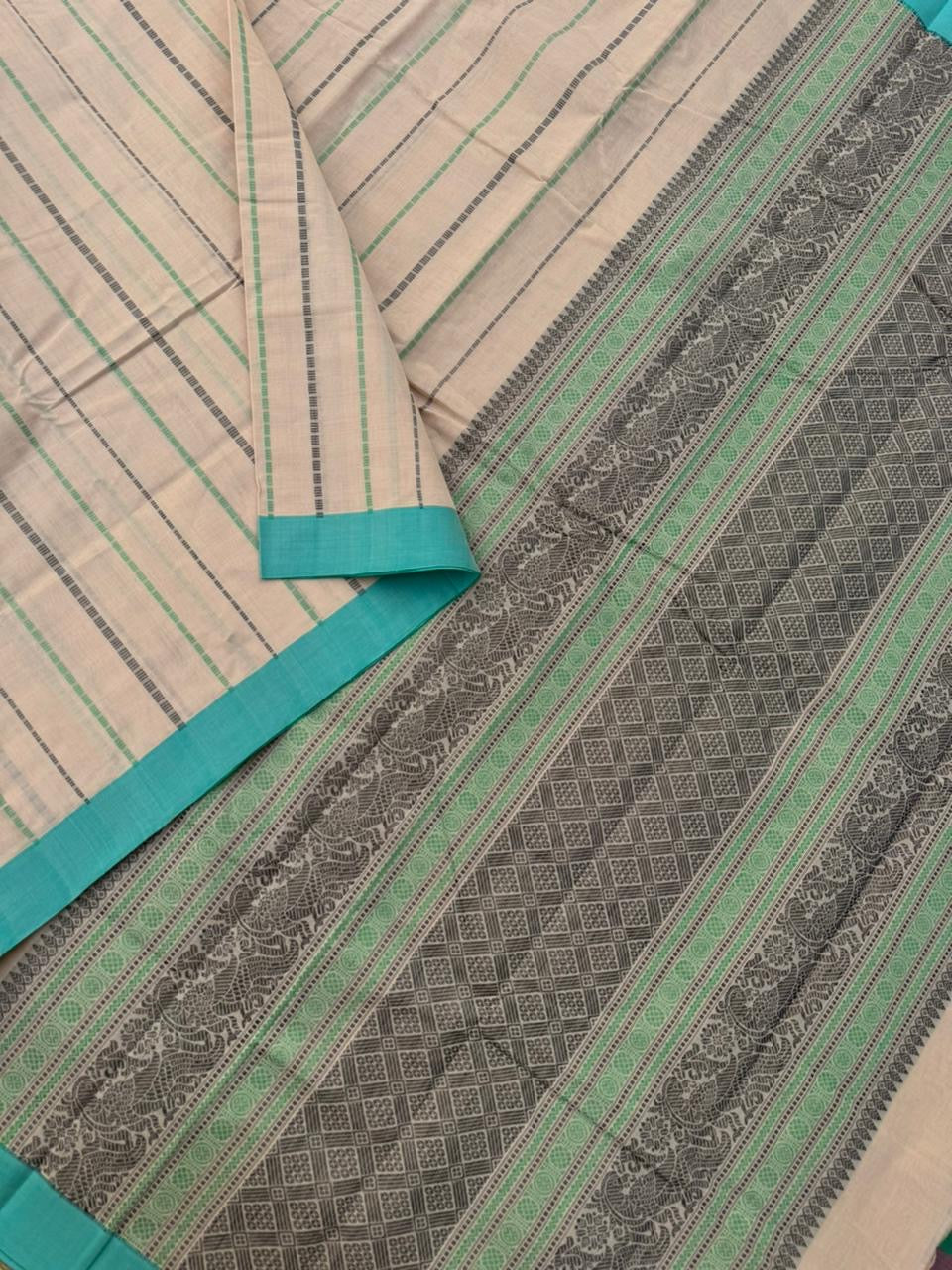 Mangalavastaram - beige and teal vertical veldhari