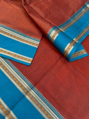 Dark Edition on Zari Kissed Silk Cotton - soil brown and burnt teal unusual oosi strips
