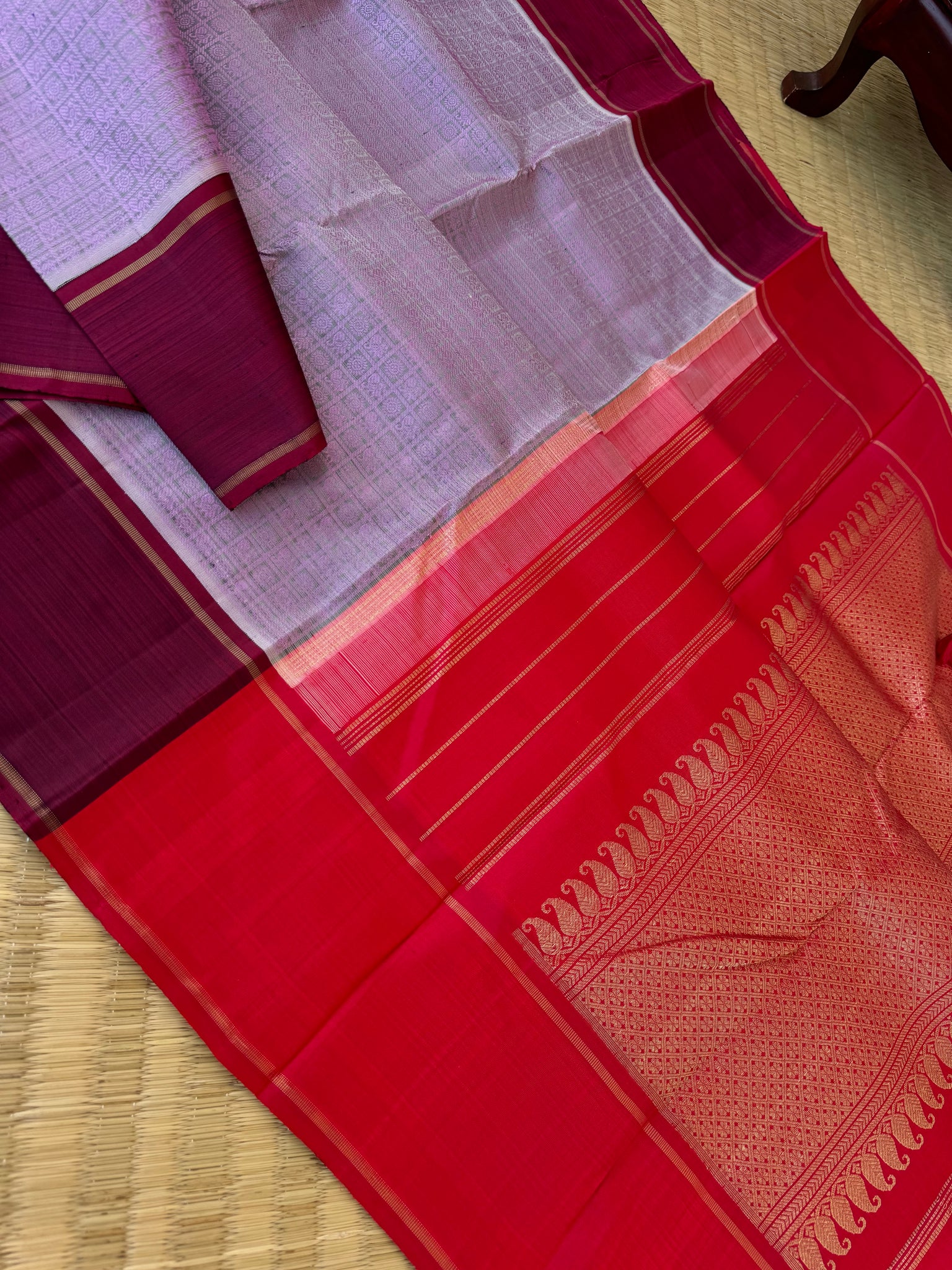Haritham - Heirloom Yarn Play on Kanchivaram - unusual pale pastel lavender intricate 1000 buttas with red pallu and blouse