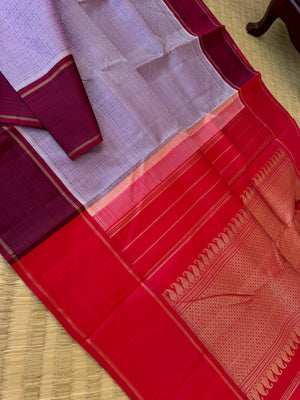 Haritham - Heirloom Yarn Play on Kanchivaram - unusual pale pastel lavender intricate 1000 buttas with red pallu and blouse