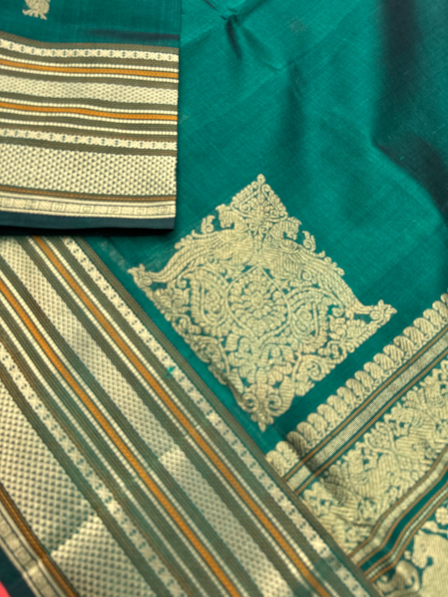 Zari Kissed Silk Cotton - deep dark forest green corner buttas