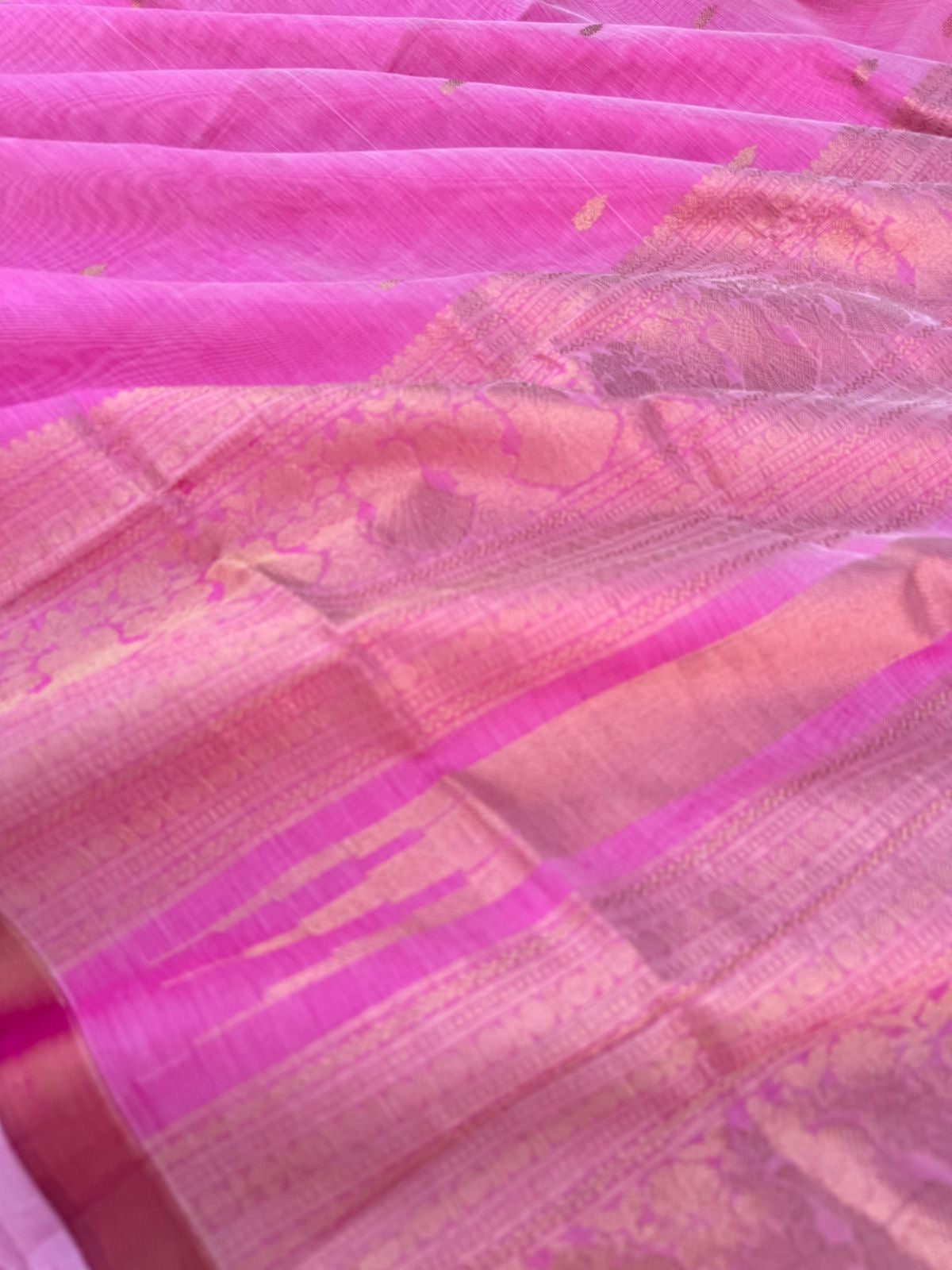 Pastels on Zari Kissed Silk Cotton - pastel rose milk pink with one inch tissue borders