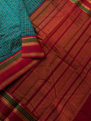 Divyam - Korvai Silk Cotton with Pure Silk Woven Borders - burnt green and maroon Lakshadeepam