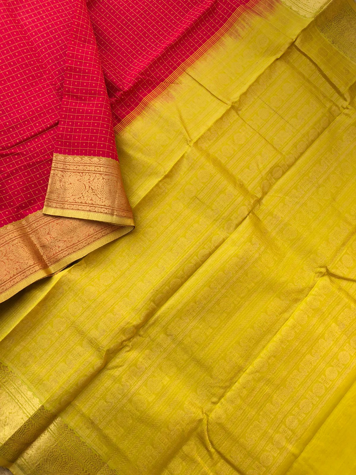 Woven Motifs Silk Cotton - red and sampanga Lakshadeepam