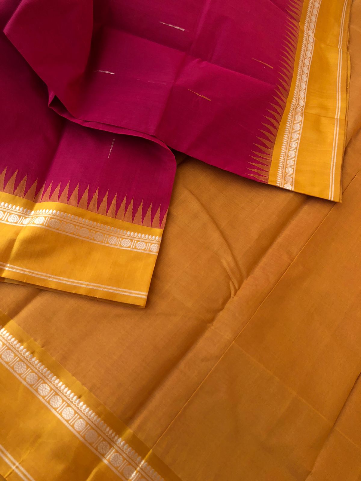 Mira - Our Exclusive Cotton body with Pure Silk Korvai Borders - kum kum red short red with malli mokku woven buttas with mustard borders and pallu
