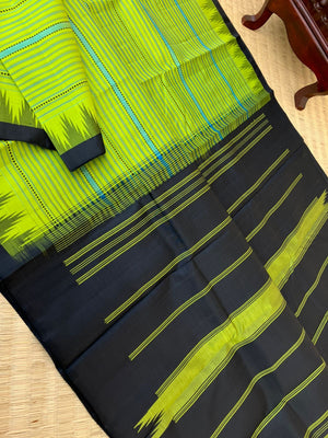 Kaavyam on Korvai Kanchivaram - apple green and black muthu veldhari