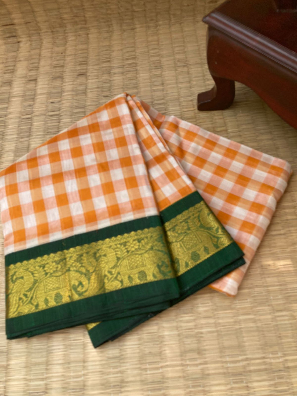 Paalum Palamum Kattams Korvai Silk Cottons - off white and orange with Meenakshi green