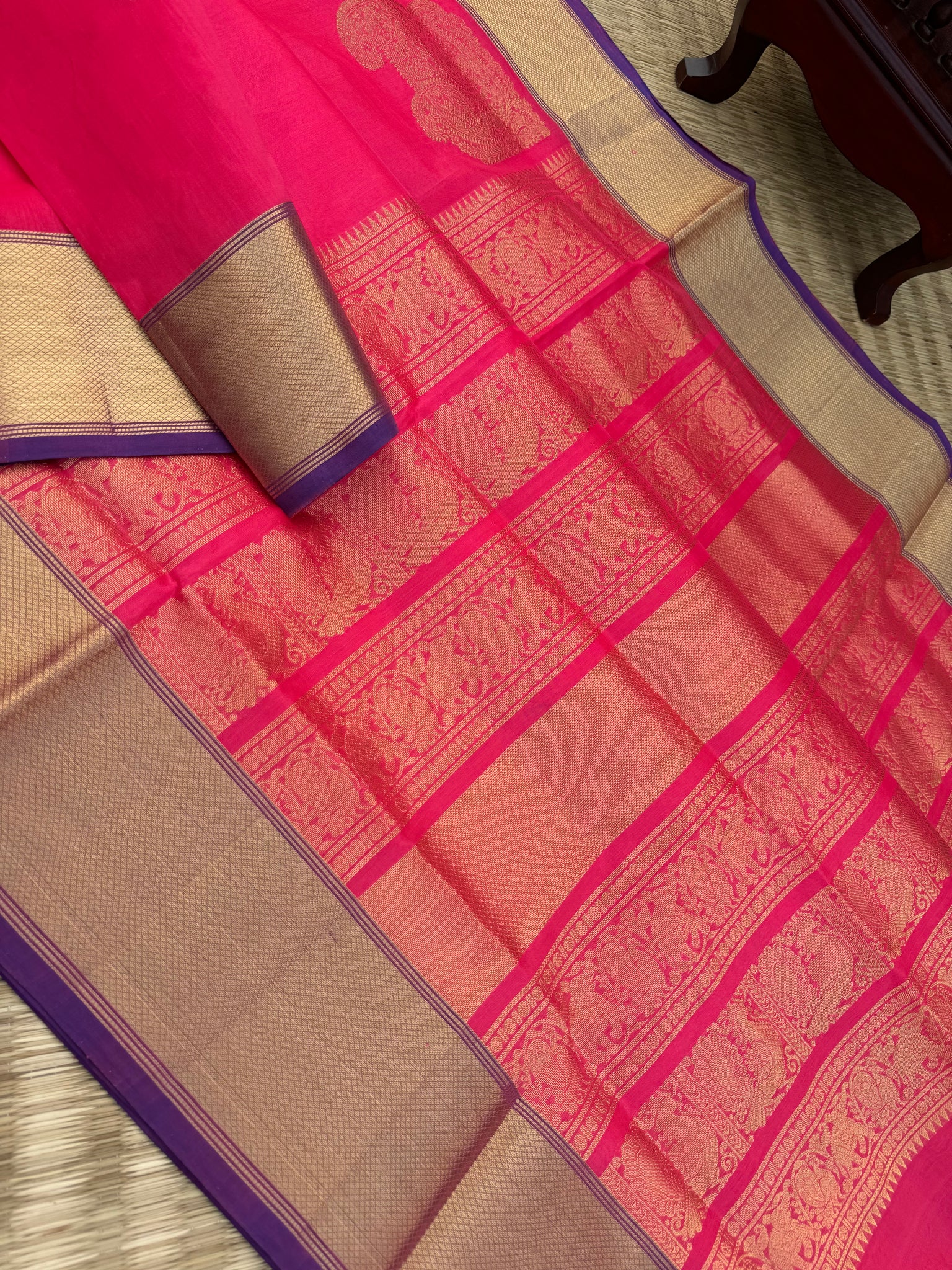 Zari Kissed Silk Cotton - shocking pink corner buttas