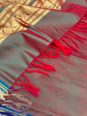 Zari Kissed Silk Cotton - maanthulir tone kolam buttas with peacock blue borders