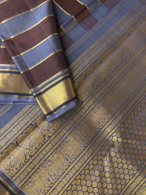 Kamakshi - One of  a Kind Kanchivaram - stunning amazingly woven steel grey and chocolate body with veldhari woven body