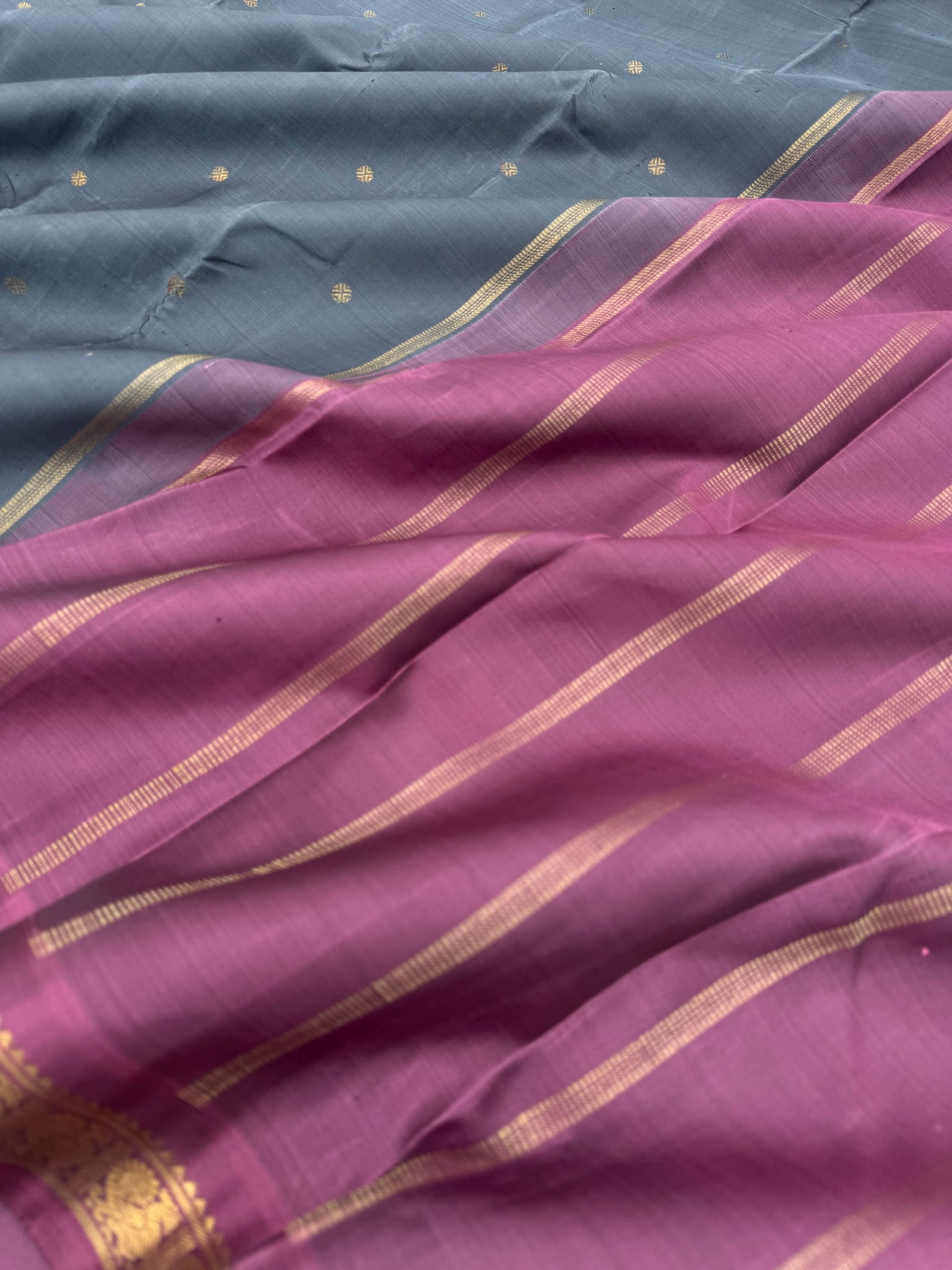 Leela - The bliss of small border Kanchivarams - a steel alloy grey and keva with simple strips woven pallu