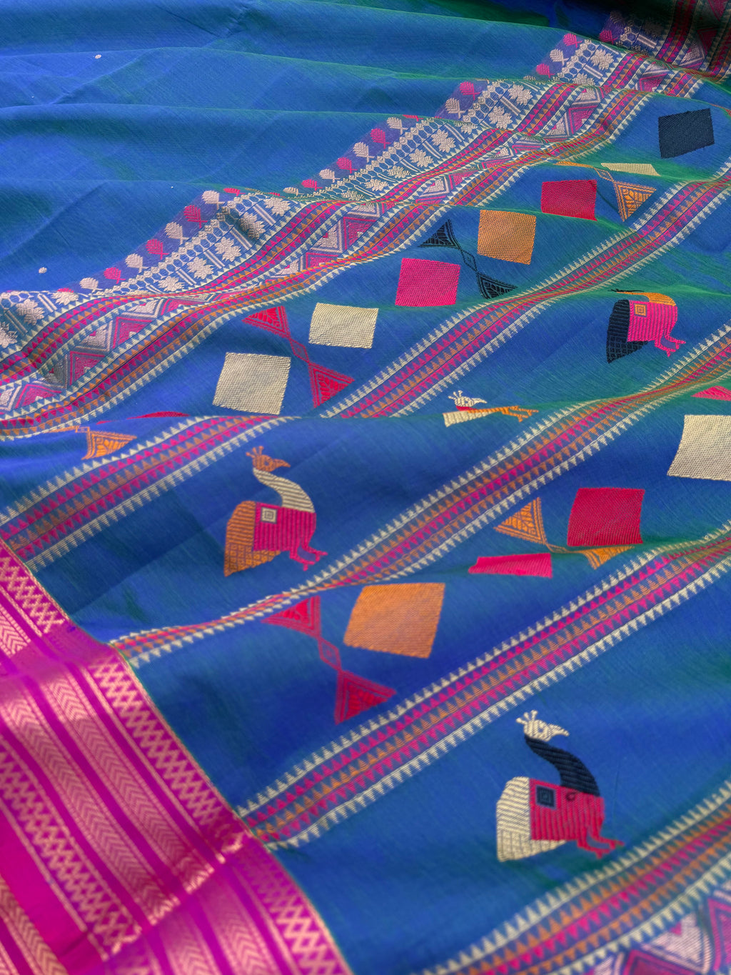 Zari Kissed Silk Cotton - a dual tone peacock blue green bomkai