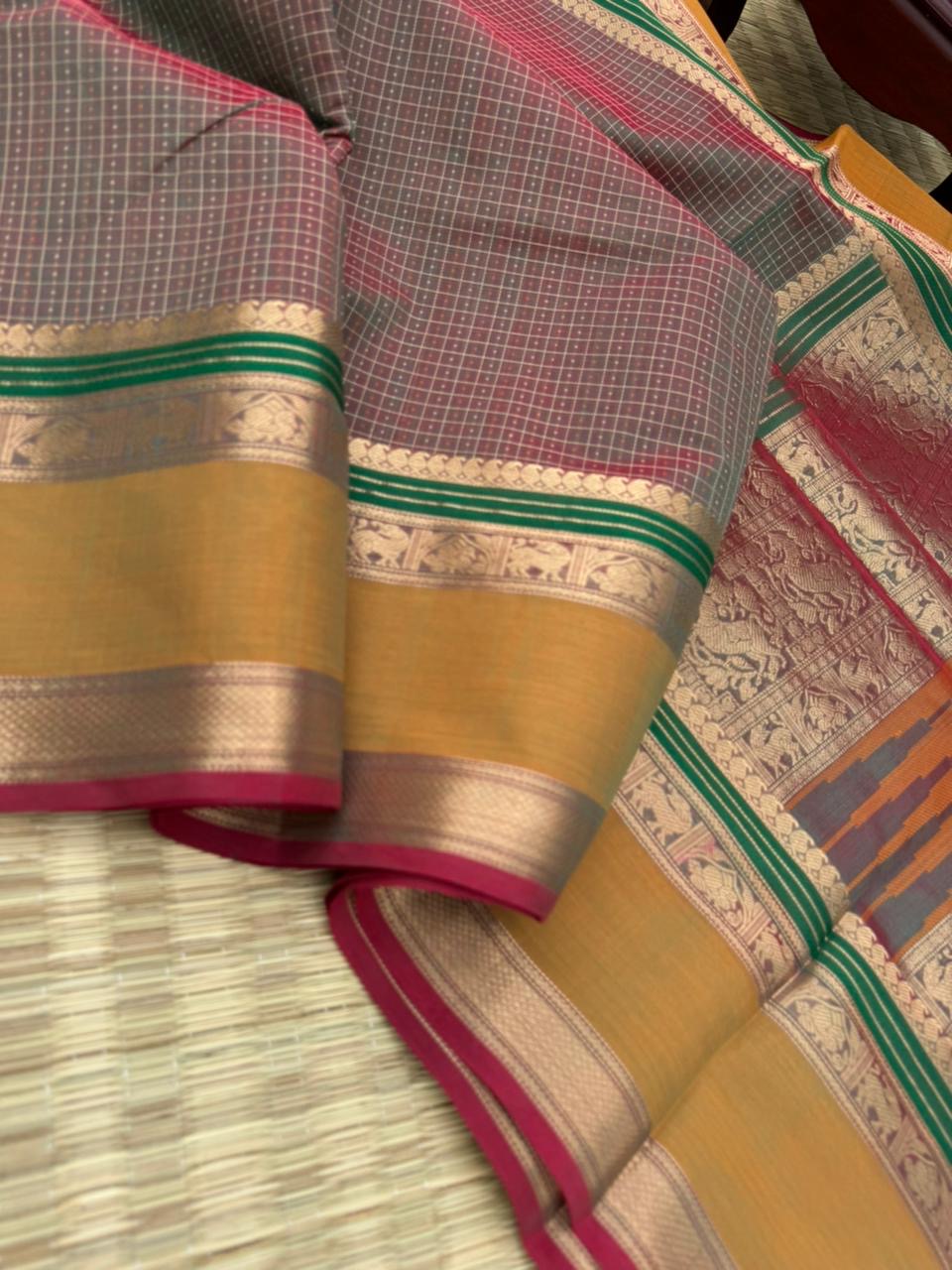 Woven Motifs Silk Cotton - unusual red short green lakshadeepam